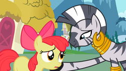 Size: 969x545 | Tagged: safe, screencap, apple bloom, zecora, earth pony, pony, zebra, g4, the cutie pox, duo, ear piercing, earring, female, filly, hoof on cheek, jewelry, leg rings, mare, neck rings, out of context, piercing