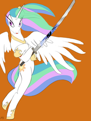 Size: 600x800 | Tagged: safe, artist:chiapetofdoom, nightmare moon, princess celestia, pony, g4, bipedal, female, katana, reflection, solo, sword, warrior celestia, weapon