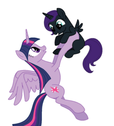 Size: 796x882 | Tagged: safe, artist:cesmouse, twilight sparkle, oc, oc:nyx, alicorn, pony, g4, alicorn oc, duo, holding a pony, older, twilight sparkle (alicorn)