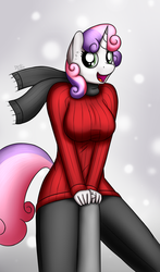 Size: 1767x3000 | Tagged: safe, artist:devs-iratvs, sweetie belle, anthro, g4, breasts, busty sweetie belle, clothes, female, older, scarf, solo, sweater