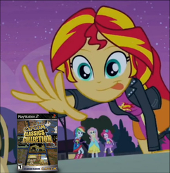 Size: 590x599 | Tagged: safe, fluttershy, pinkie pie, rainbow dash, sunset shimmer, equestria girls, g4, capcom, capcom classics collection, meme, playstation 2, sunset shimmer reaching for things, video game