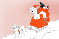 Size: 3000x1964 | Tagged: safe, artist:prinnywesker, trixie, oc, oc:sketch canvas, g4, black and white, grayscale, hat, how the grinch stole christmas, max (the grinch), monochrome, parody, partial color, santa hat, sleigh, the grinch