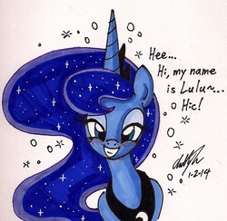 Size: 1028x1005 | Tagged: safe, artist:newyorkx3, princess luna, g4, blushing, dialogue, drunk, drunk luna, female, gradient background, looking at you, smiling, solo, traditional art