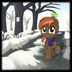 Size: 3582x3600 | Tagged: safe, artist:vulfixeven, button mash, earth pony, pony, g4, clothes, colt, foal, hat, hooves, male, open mouth, propeller hat, scarf, slender, snow, snowfall, solo, teeth, thin, tree, winter