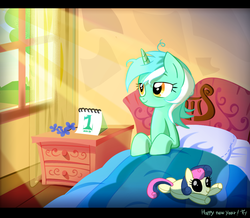 Size: 1000x870 | Tagged: artist needed, safe, bon bon, lyra heartstrings, sweetie drops, g4, ask-lyra-kor, bed, calendar, doll, happy new year, morning, morning ponies
