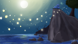 Size: 1920x1080 | Tagged: safe, artist:repoisn, princess luna, firefly (insect), g4, cliff, female, moon, ocean, solo