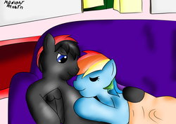 Size: 3507x2480 | Tagged: safe, artist:midnightmeowth, rainbow dash, oc, g4, canon x oc, cuddling, snuggling