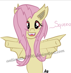 Size: 909x935 | Tagged: safe, artist:antionette1996, fluttershy, bat pony, pony, vampire bat pony, g4, cute, female, flutterbat, mare, race swap, simple background, smiling, solo, squee, watermark, white background