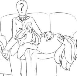 Size: 1285x1271 | Tagged: safe, artist:dolly, rainbow dash, oc, oc:anon, human, g4, belly, couch, human male, male, monochrome, pregnant, sketch, sleeping