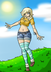 Size: 580x814 | Tagged: safe, artist:sinisterbunneh, oc, oc only, oc:ticket, human, belly button, clothes, humanized, light skin, midriff, pants, socks, solo, stockings, thigh highs, thigh socks