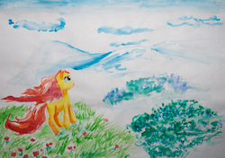 Size: 3308x2323 | Tagged: safe, artist:roadsleadme, fluttershy, g4, female, scenery, solo, traditional art, watercolor painting, windswept mane