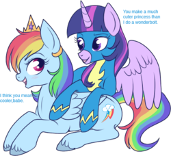 Size: 468x426 | Tagged: safe, artist:lulubell, rainbow dash, twilight sparkle, alicorn, pony, g4, accessory swap, crown, female, lesbian, mare, ship:twidash, shipping, simple background, transparent background, twilight sparkle (alicorn), unshorn fetlocks, wonderbolts uniform, wondersparkle