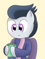 Size: 1050x1375 | Tagged: safe, artist:pvryohei, rumble, pegasus, g4, clothes, colt, drink, drinking, foal, hot chocolate, male, scarf, simple background, solo, sweater