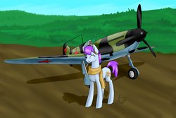 Size: 1095x730 | Tagged: safe, artist:artyjoyful, oc, oc only, earth pony, pony, clothes, female, lagg-3, mare, pilot, plane, scarf, solo, wink