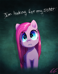 Size: 689x871 | Tagged: safe, artist:c-puff, pinkie pie, earth pony, pony, fanfic:silent ponyville, g4, cute, cuteamena, dialogue, female, konami, looking at you, mare, pinkamena diane pie, silent hill, solo