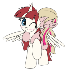 Size: 500x512 | Tagged: safe, artist:xioade, oc, oc:fausticorn, pony, blushing, cute, duo, ear bite, eyes closed, female, hug, hug from behind, lauren faust, lesbian, meghan mccarthy, nom, ponies riding ponies, ponified, raised hoof, riding, shipping, simple background, smiling, spread wings, staff shipping, transparent background, wink