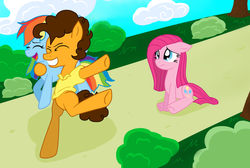 Size: 1024x690 | Tagged: safe, artist:twithehedgehog, cheese sandwich, pinkie pie, rainbow dash, earth pony, pony, g4, pinkie pride, carrying, male, pinkamena diane pie, sad, stallion, this will end in cupcakes