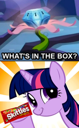 Size: 442x715 | Tagged: safe, twilight sparkle, g4, my little pony: friendship is magic, princess twilight sparkle (episode), chest of harmony, exploitable meme, meme, rainbow power, skittles, twiface, what's in the box?, wrong neighborhood