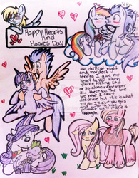 Size: 1024x1313 | Tagged: dead source, safe, artist:soarindash4ever, big macintosh, derpy hooves, flash sentry, fluttershy, rainbow dash, rarity, soarin', spike, twilight sparkle, alicorn, pony, g4, blushing, carrying, cloud, cuddling, deviantart watermark, eyes closed, female, floppy ears, flying, heart, hearts and hooves day, kiss on the lips, kissing, male, mare, nervous, obtrusive watermark, open mouth, poem, prone, scrunchy face, ship:flashlight, ship:fluttermac, ship:soarindash, ship:sparity, shipping, shy, sleeping, smiling, snuggling, spread legs, spread wings, straight, surprise kiss, surprised, traditional art, twilight sparkle (alicorn), watermark