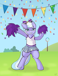 Size: 1413x1828 | Tagged: safe, artist:ratofdrawn, lilac sky, pony, g4, rainbow falls, belly button, bipedal, cheerleader, pom pom, skirt, solo