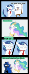 Size: 805x2034 | Tagged: dead source, safe, artist:hydoyezen, princess celestia, princess luna, shining armor, g4, comic, corndog, dialogue, m. night shaym-aliens!, parody, rick and morty