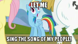 Size: 500x281 | Tagged: safe, bulk biceps, fluttershy, rainbow dash, g4, derp, image macro, song of my people
