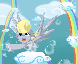 Size: 1700x1400 | Tagged: safe, artist:lilliesinthegarden, derpy hooves, pegasus, pony, g4, rainbow falls, bubble, cloud, cloudy, crying, cute, female, floppy ears, flying, mare, open mouth, rainbow, sky, smiling, solo, spread wings