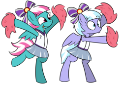 Size: 1700x1200 | Tagged: safe, artist:pandramodo, lilac sky, spring step, sunlight spring, pegasus, pony, g4, rainbow falls, bipedal, cheerleader, duo, duo female, female, mare, pom pom, silly face, simple background, skirt, tongue out, transparent background
