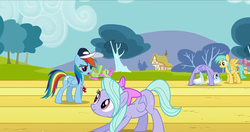 Size: 1919x1015 | Tagged: safe, screencap, cloudchaser, flitter, merry may, rainbow dash, sunshower raindrops, pegasus, pony, g4, hurricane fluttershy, bridge stretch, coach rainbow dash, flexible, multiple characters, whistle