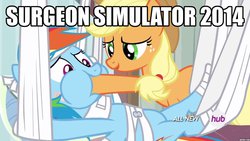 Size: 1024x576 | Tagged: safe, edit, edited screencap, screencap, applejack, rainbow dash, g4, rainbow falls, caption, force feeding, hoof in mouth, hoofjack, image macro, surgeon simulator 2013