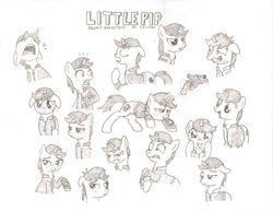 Size: 1016x786 | Tagged: safe, artist:teschke, oc, oc only, oc:littlepip, pony, unicorn, fallout equestria, black and white, blushing, clothes, cutie mark, expressions, eyes closed, fanfic, fanfic art, female, floppy ears, glowing horn, grayscale, gun, handgun, hooves, horn, jumpsuit, levitation, little macintosh, magic, mare, monochrome, open mouth, optical sight, pipbuck, revolver, simple background, smiling, solo, teeth, telekinesis, text, vault suit, weapon, white background