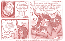 Size: 800x515 | Tagged: safe, artist:vavacung, princess celestia, queen chrysalis, changeling, changeling queen, pony, comic:when villain win, a canterlot wedding, g4, alternate universe, comic, female, monochrome, reality ensues