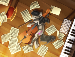 Size: 1024x768 | Tagged: safe, artist:chryseum, octavia melody, earth pony, pony, g4, 2014, cello, eyes closed, female, mare, musical instrument, piano, sheet music, sleeping, solo