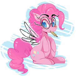 Size: 816x794 | Tagged: safe, artist:hua, pinkie pie, pegasus, pony, g4, female, glasses, mouth hold, pencil, solo, wings