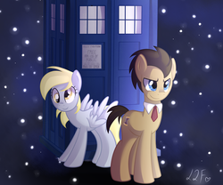 Size: 2100x1750 | Tagged: safe, artist:drawntildawn, derpy hooves, doctor whooves, time turner, pegasus, pony, g4, crossover, female, mare, tardis
