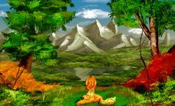 Size: 4200x2550 | Tagged: safe, artist:blindcoyote, applejack, g4, behind, female, grass, mountain, prone, scenery, solo, tree, water
