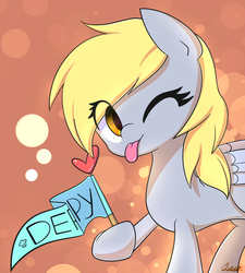 Size: 2300x2550 | Tagged: safe, artist:joyfulinsanity, derpy hooves, pegasus, pony, g4, rainbow falls, :p, cute, derpabetes, female, heart, looking at you, mare, smiling, solo, the grey one's glorious return, tongue out, wink