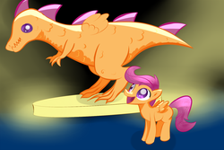 Size: 1280x853 | Tagged: safe, artist:malwinters, scootaloo, dinosaur, g4, implied scootachicken