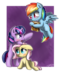 Size: 1100x1330 | Tagged: safe, artist:zortail, fluttershy, rainbow dash, twilight sparkle, g4, book, filly, younger