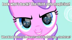 Size: 1024x576 | Tagged: safe, diamond tiara, trixie, g4, caption, evil diamond tiara, eye reflection, image macro