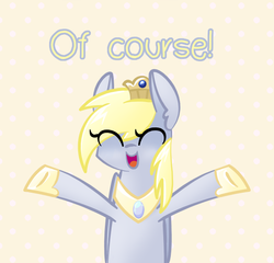 Size: 600x575 | Tagged: dead source, safe, artist:nyanpegasus, derpy hooves, pegasus, pony, ask princess derpy, g4, crown, female, hoof shoes, incoming hug, jewelry, mare, peytral, princess derpy, regalia, simple background, smiling, solo