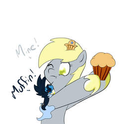 Size: 1000x1000 | Tagged: safe, artist:alazak, derpy hooves, princess luna, pegasus, pony, sea pony, ask princess derpy, g4, colored pupils, female, food, looking down, mare, muffin, one eye closed, possessive, princess derpy, simple background