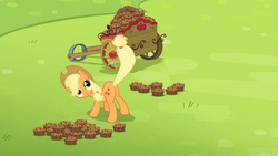 Size: 1920x1080 | Tagged: safe, screencap, applejack, earth pony, pony, g4, rainbow falls, apple brown betty (food), butt, cart, female, mare, out of context, plot, presenting, raised tail, solo