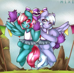 Size: 1280x1272 | Tagged: safe, artist:mixipony, lilac sky, spring step, sunlight spring, pegasus, pony, g4, rainbow falls, cheerleader, skirt, wink