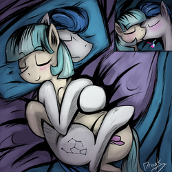 Size: 1000x1000 | Tagged: safe, artist:dragk, coco pommel, orion, shooting star (character), earth pony, pony, g4, bed, blushing, cocorion, cuddling, duo, eyes closed, female, heart, hug, kiss on the lips, kissing, love, male, mare, on side, shipping, sleeping, smiling, snuggling, stallion, straight