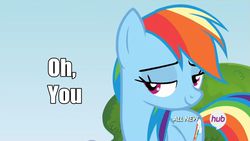 Size: 1090x614 | Tagged: safe, edit, edited screencap, screencap, rainbow dash, g4, rainbow falls, caption, female, hub logo, image macro, oh you, solo, text