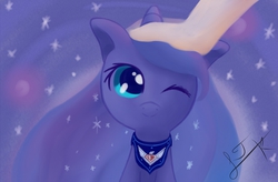 Size: 1935x1271 | Tagged: safe, artist:kireiamejin, princess luna, human, g4, angry joe, cute, long mane, looking at you, lunabetes, offscreen character, petting, pov, smiling, wink