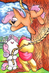 Size: 5814x8477 | Tagged: safe, artist:devotedfan012, apple bloom, scootaloo, sweetie belle, g4, absurd resolution, cutie mark crusaders, traditional art