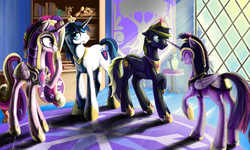 Size: 5000x3000 | Tagged: safe, artist:silfoe, princess cadance, shining armor, twilight sparkle, oc, oc:zephyr, alicorn, pony, g4, accessory swap, armor, beautiful, canon x oc, female, mare, role reversal, twilight sparkle (alicorn), twiphyr