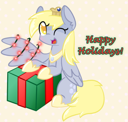 Size: 600x575 | Tagged: dead source, safe, artist:nyanpegasus, derpy hooves, pegasus, pony, ask princess derpy, g4, christmas, christmas lights, colored pupils, crown, female, happy holidays, holiday, hoof shoes, jewelry, mare, peytral, present, princess derpy, regalia, simple background, solo, wink
